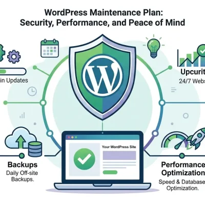 WordPress website maintenance plan checklist covering updates, staging tests, backups, security scans and monitoring