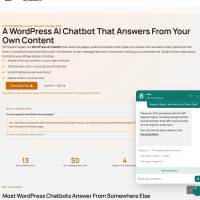 Best free chatbot for WordPress shown in context on a live page with the launcher in the corner
